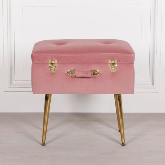 Pink Velvet Suitcase Stool with Gold Legs