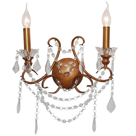 Antique Gold 2 Branch Cut Glass Chandelier Wall Light