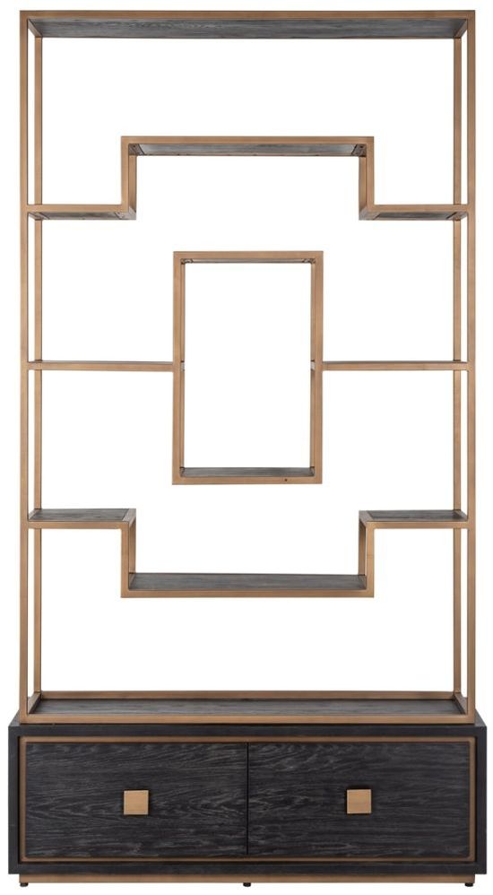 Hunter Black Oak Storage Shelving Unit with Gold Trim