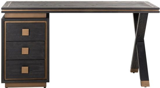 Hunter Black Oak 3 Drawer Desk with Gold Trim