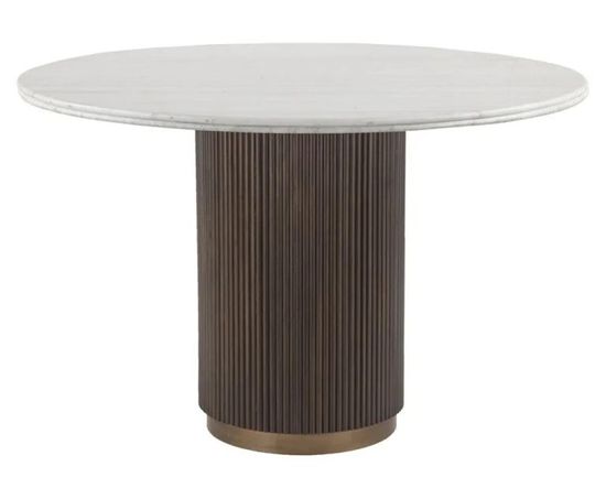 Mayfield White Marble Top 4 Seater Round Dining Table - Dark Wood Fluted Pedestal Base