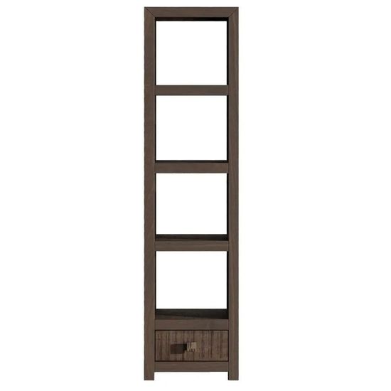 Clearance - Dakota Mango Wood Narrow Bookshelf, Indian Dark Walnut Rustic Finish, 1 Drawer Bottom Storage Shelving Unit - Open Display Unit - Brand New Item