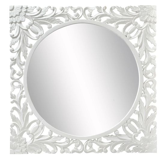 Boho White Carved Wooden Square Wall Mirror - 110cm x 110cm