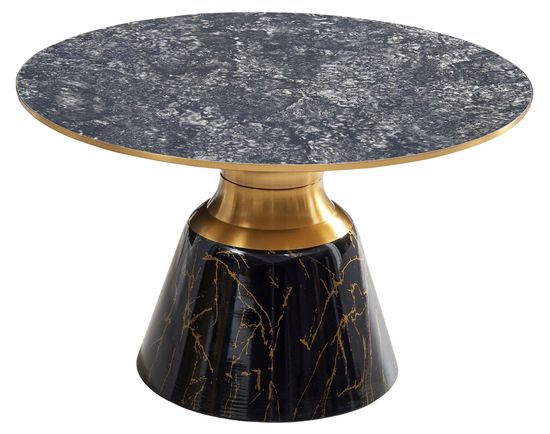 Hourglass Grey Ceramic Round Coffee Table with Black Base and Gold Trim