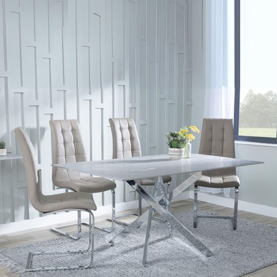 Clearance - Chopstick Grey Glass and Chrome Metal Dining Set - Jamison Beige Faux Leather Dining Chair