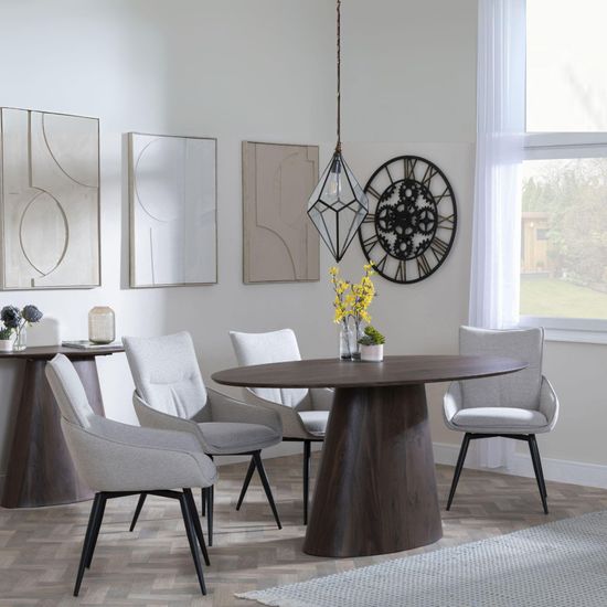 Palma Walnut Oval Dining Set - Ace Beige Fabric Swivel Dining Chair