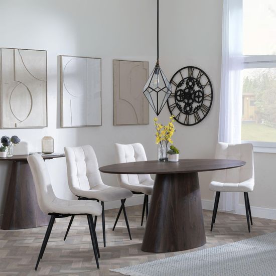 Palma Walnut Oval Dining Set - Corona Beige Fabric Chairs