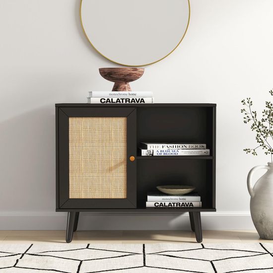 Clearance - Ferrero Black and Woven Rattan 1 Door Cabinet