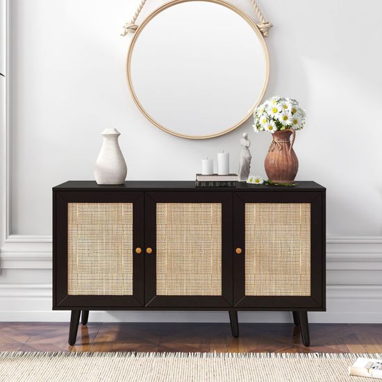 Clearance - Ferrero Black and Woven Rattan 3 Door Medium Sideboard - 120cm