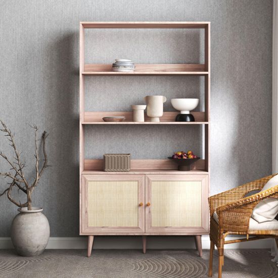 Clearance - Ferrero Natural and Woven Rattan Open Shelving Unit with Cupboard