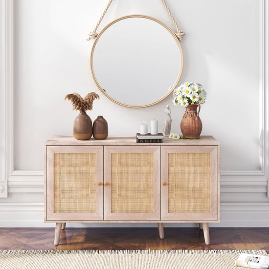 Clearance - Ferrero Natural and Woven Rattan 3 Door Medium Sideboard - 120cm