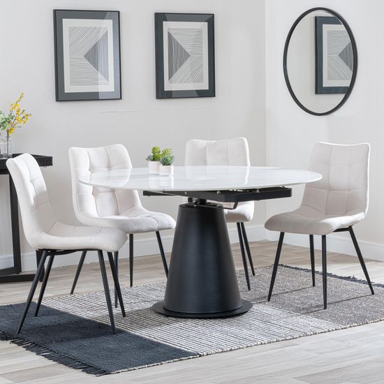 Carrara White Ceramic 4 Seater Round Extending Dining Set - 4 Corona Beige Fabric Dining Chair