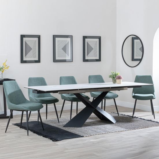 Hayden White Ceramic Extending Dining Set - Darwin Green Fabric Dining Chair
