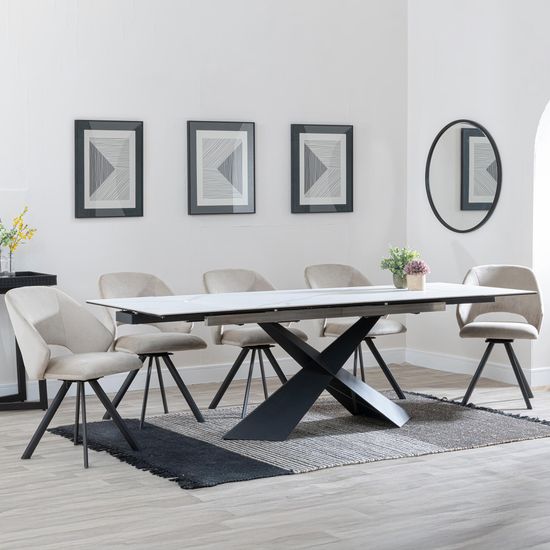 Hayden White Ceramic Extending Dining Set - Ion Beige Velvet Fabric Swivel Dining Chair