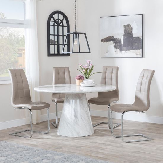 Carrera 4 Seater White Marble Round Dining Set - 4 Jamison Beige Faux Leather Dining Chair