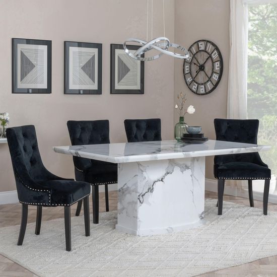 Naples White Marble Dining Set - Knocker Back Black Velvet Fabric Dining Chair with Black Wooden Legs