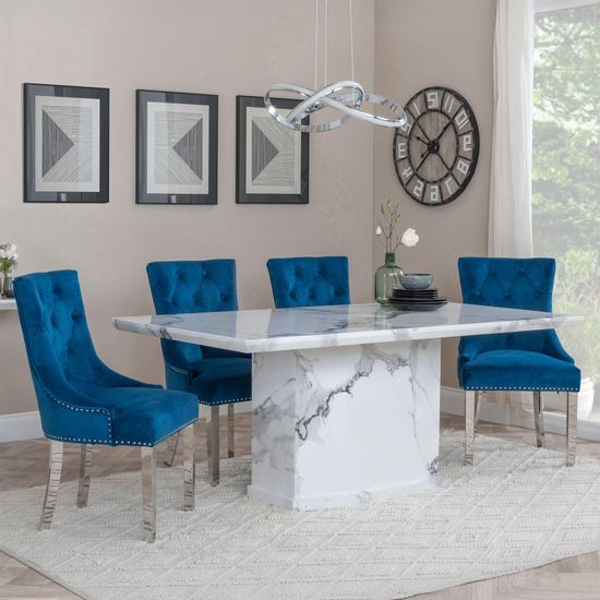 Naples White Marble Dining Set - Knocker Back Blue Velvet Fabric Dining Chair with Chrome Legs