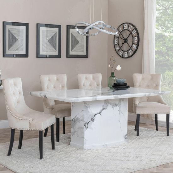 Naples White Marble Dining Set - Knocker Back Champagne Velvet Fabric Dining Chair with Black Wooden Legs