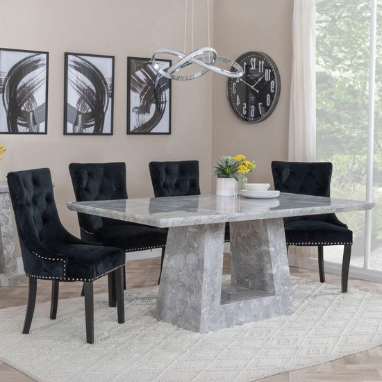 Milan Grey Marble Dining Set - Knocker Back Black Velvet Fabric Dining Chair with Black Wooden Legs