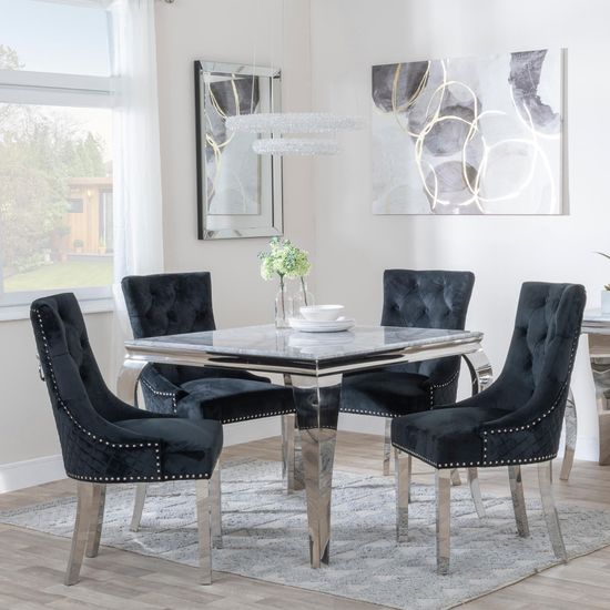 Louis 4 Seater Grey Marble and Chrome Square Dining Set - 4 Lion Knocker Back Black Velvet Fabric Dining Chair with Chrome Legs
