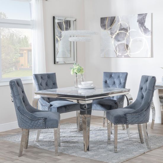 Louis 4 Seater Grey Marble and Chrome Square Dining Set - 4 Lion Knocker Back Grey Velvet Fabric Dining Chair with Chrome Legs