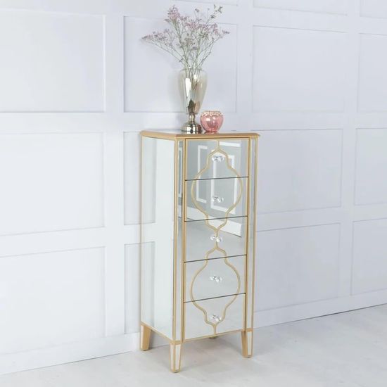 Casablanca Mirrored Gold Trim 5 Drawer Narrow Chest
