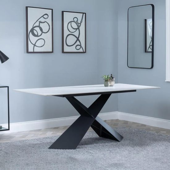 Merlin 8 Seater White Ceramic Dining Table with Black Cross Base - 180cm
