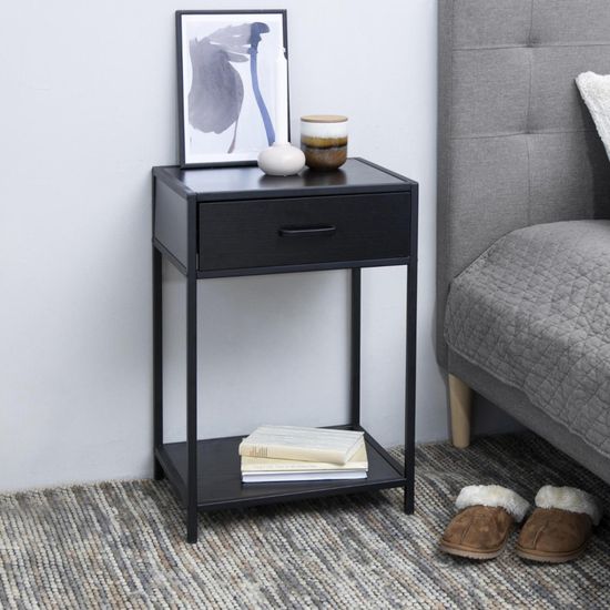 Seaford Black Melamine and Metal 1 Drawer Bedside Table