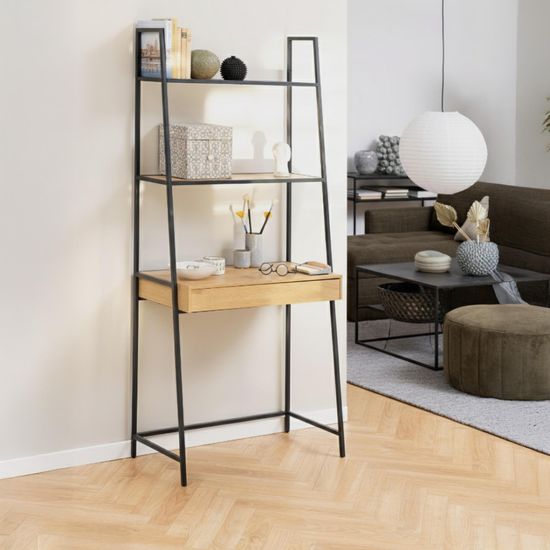 Seaford Oak and Black Metal Open Shelving Unit with Drawer