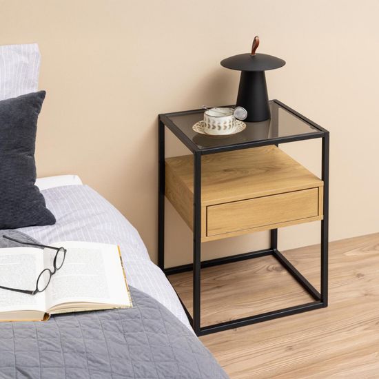 Randolf Oak and Black 1 Drawer Bedside Table