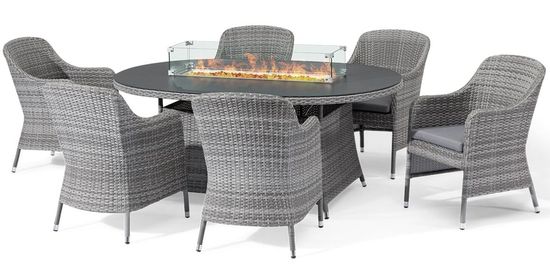 Maze Santorini Grey Rattan 6 Seater Oval Fire Pit Garden Dining Set