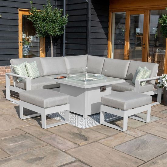 Maze Amalfi White Square Fire Pit Table Corner Garden Dining Set with Footstools