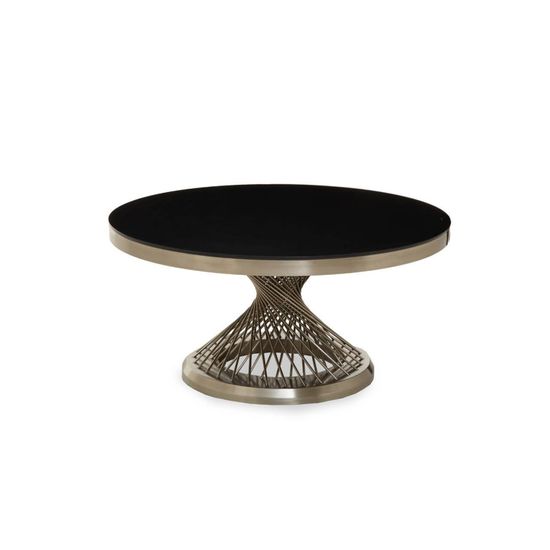 Anzio Black Glass Round Coffee Table with Geometric Base