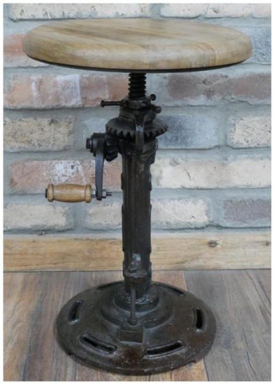 Dutch Industrial Mango Wood and Metal Adjustable Round Stool