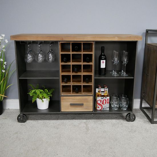 Dutch Fir Wood and Metal 1 Drawer Wine Cabinet