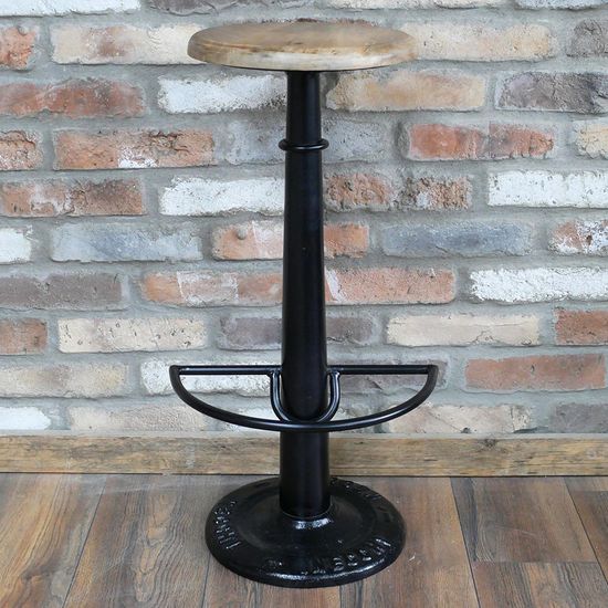 2 x Dutch Black Metal and Wood Round Barstool