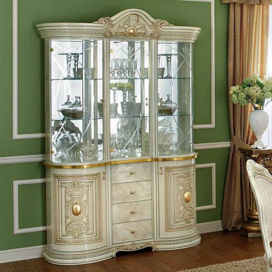 Camel Leonardo Ivory Gloss and Gold Italian 3 Door Display Cabinet