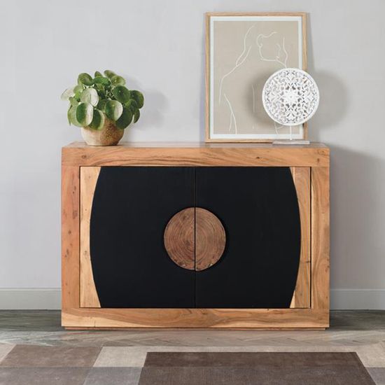 Braylee Natural and Black Acacia Wood 2 Door Small Sideboard - 110cm