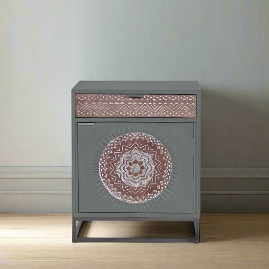 Lytton Grey Carved Mango Wood 1 Door Bedside Cabinet
