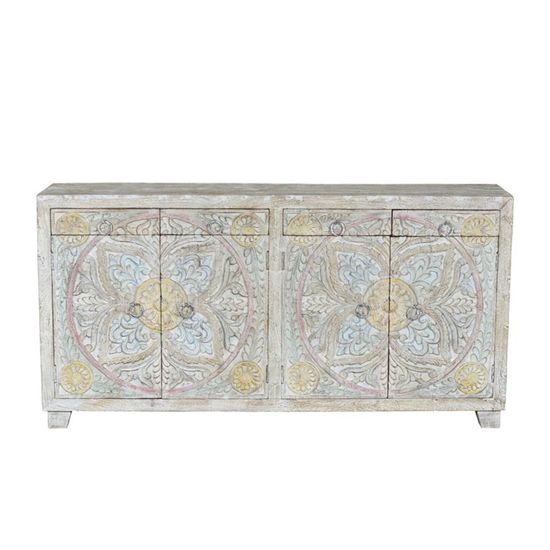 Ravanik Carved White Mango Wood 4 Door Extra Large Sideboard - 180cm