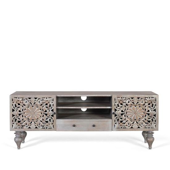 Edith Grey Carved Mango Wood Storage TV Unit