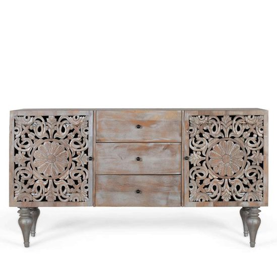 Edith Grey Carved Mango Wood 2 Door Medium Sideboard - 150cm