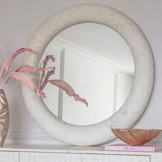 Libra Aspen White Bone Inlay Round Mirror