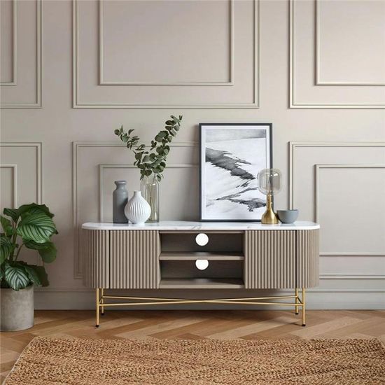 Isabella Grey 150cm Fluted Curved Storage TV Unit with White Marble Top
