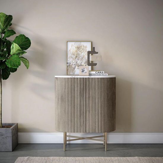 Isabella Grey Fluted Mini 2 Door Curved Sideboard with White Marble Top - 65cm