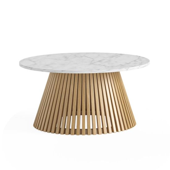 Soho Oak Slatted Round Coffee Table - White Marble Top