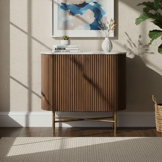 Harvard 65cm Mini 2 Door Fluted Curved Sideboard with White Marble Top