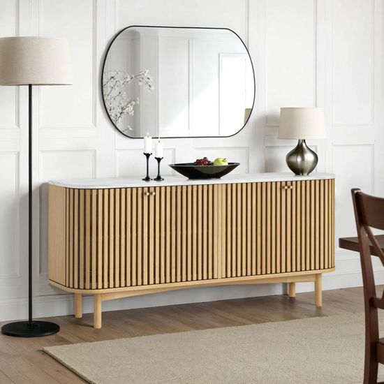Soho Oak 4 Door Slatted Large Sideboard - White Marble Top