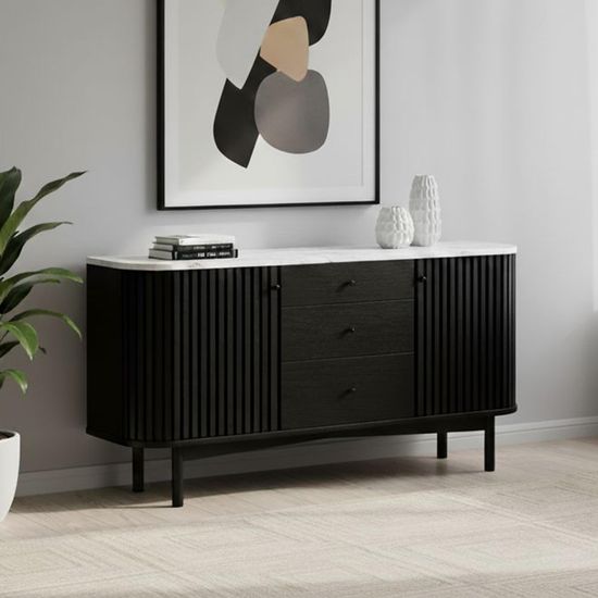 Soho Black 2 Door Slatted Medium Sideboard with White Marble Top - 140cm