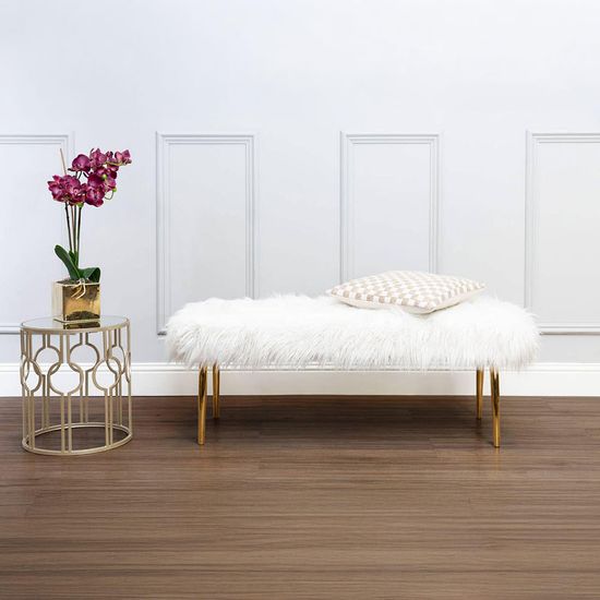 Clarence White Faux Fur Bench with Gold Legs